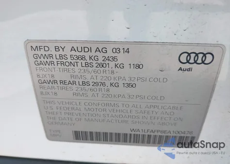 2014 Audi Q5 2.0T Premium from USA, damaged, VIN WA1LFAFP8EA100476